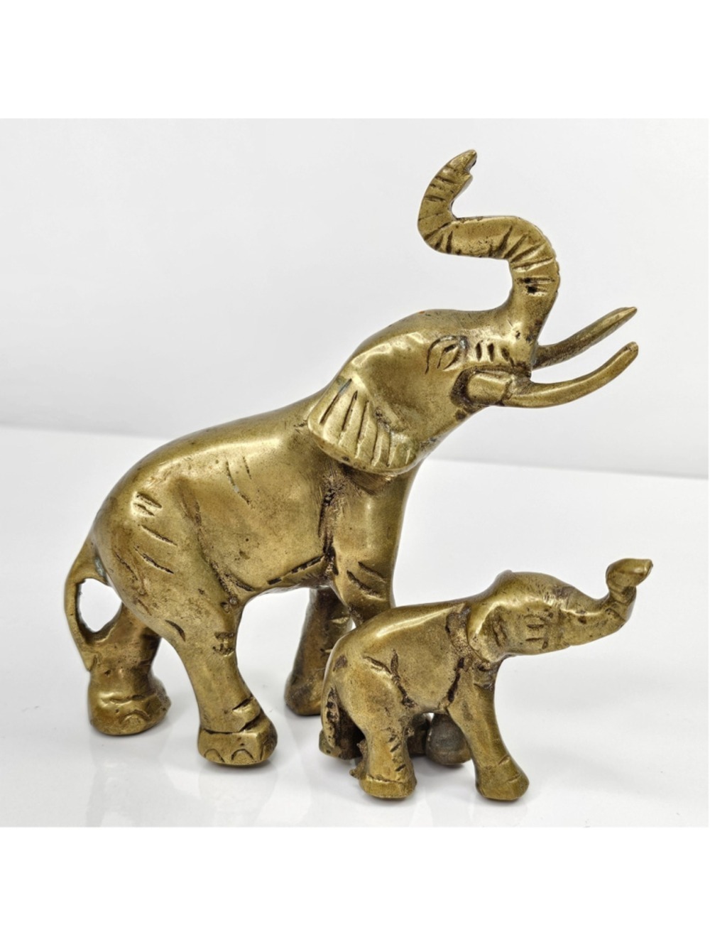 Vintage Solid Brass Elephant & Baby Calf Figurines Pair Trunks Up Decor